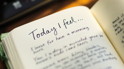 An open journal shows a handwritten entry starting with "Today I feel..." inviting self-reflection and emotional expression.