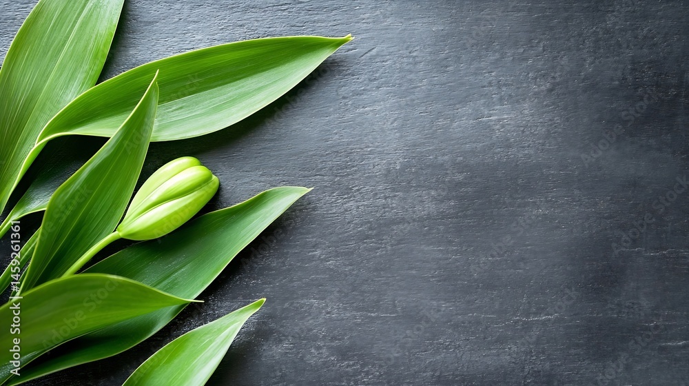 Poster single green tulip bud with lush leaves arranged on dark gray textured surface, creating a minimalis