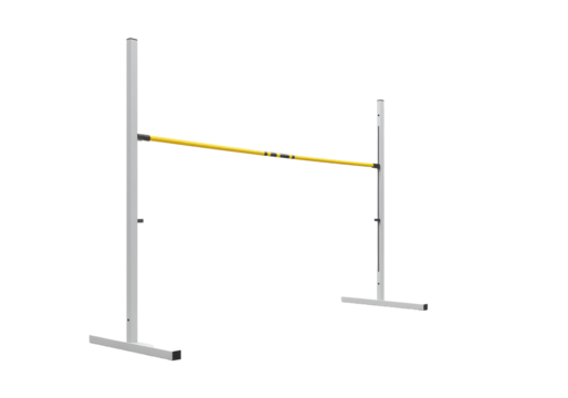 A high jump apparatus stands ready against a stark black background