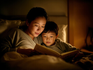 Mother and child are cozily reading storybook together in bed, illuminated by warm, soft lighting. intimate setting creates peaceful and loving atmosphere, perfect for bedtime storytelling