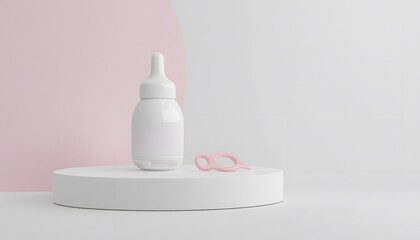 A minimalist presentation of a white feeding bottle and a pink pacifier.