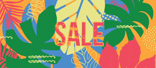 Tropical Summer Sale Banner with Colorful Leaves, Vector Illustration