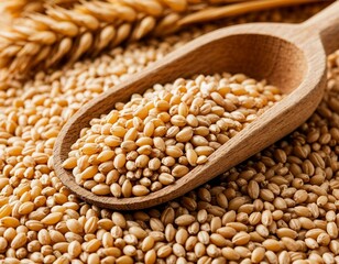 Fototapeta premium Golden harvest harvest: a wooden shovel among the wheat grains