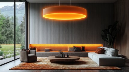 A floating minimalist chandelier with warm orange glow above a modern coffee table, soft rug, warm earthy tones, inviting atmosphere