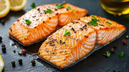 Seared salmon fillets with herbs, lemon, and olive oil: gourmet dining
