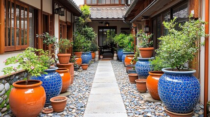 Fototapeta premium Pathway lined with pottery, plants, and stonework
