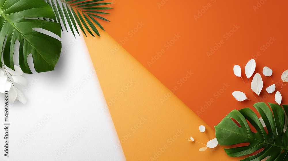 Poster bright orange background showcases vivid palm and monstera leaves, symmetrically arranged for a fres