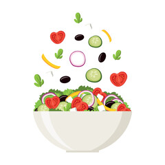 Caesar salad in bowl. Flat design of fresh vegetables and fruits. Healthy vegetarian food, perfect for salad bar, meal planning, and diet concepts. Isolated on white background.