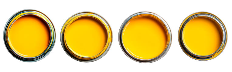 Top view of open can of yellow paint on a transparent background