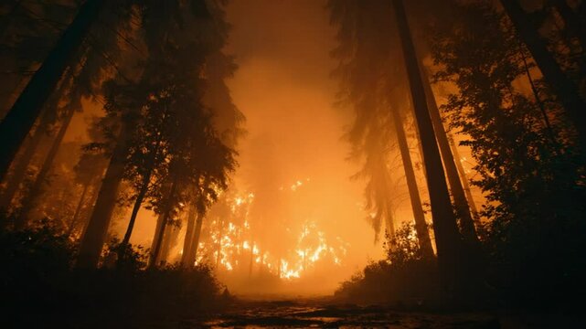 A forest engulfed in flames at dusk, with smoke billowing among towering trees, creating a dramatic scene
