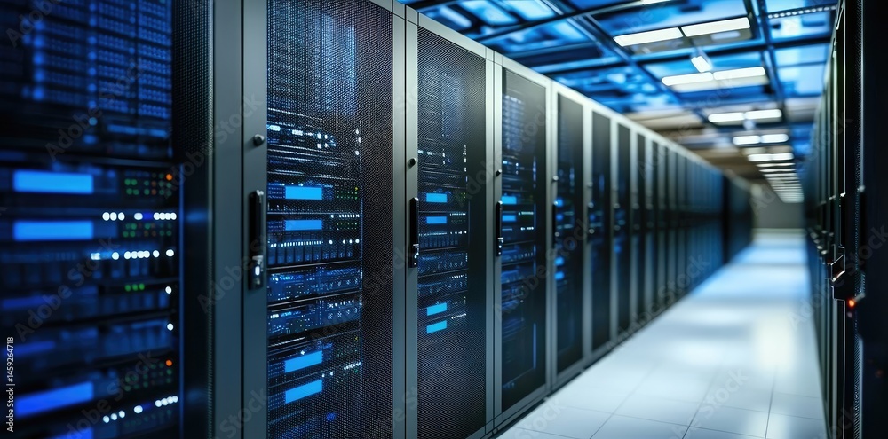 Poster Long corridor with glowing server cabinets under illuminated ceiling panels in a modern data center, great for cyber networks, digital systems, and IT support visuals