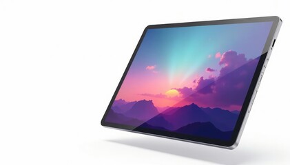 Single floating digital tablet on white background, software, background