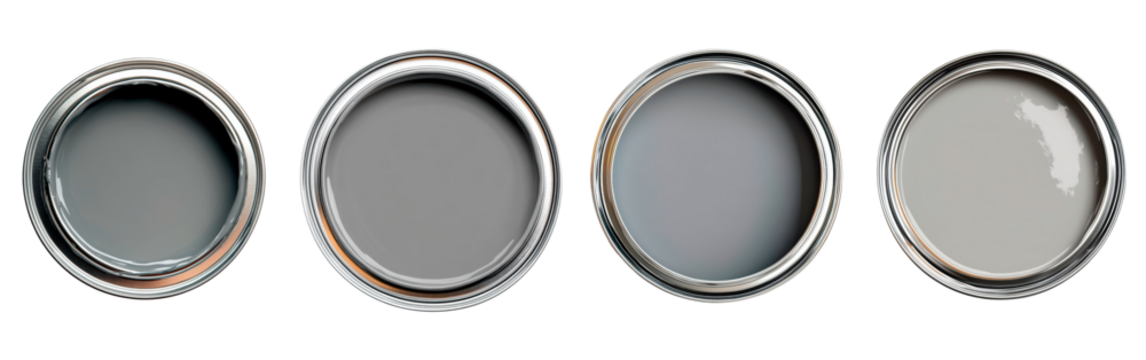 Top view of professional gray paint in a can on a transparent background