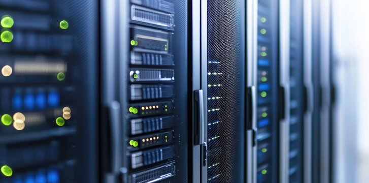 Close-up of modern data servers with blinking green lights in a secure server room, ideal for tech service, cybersecurity, or network infrastructure designs