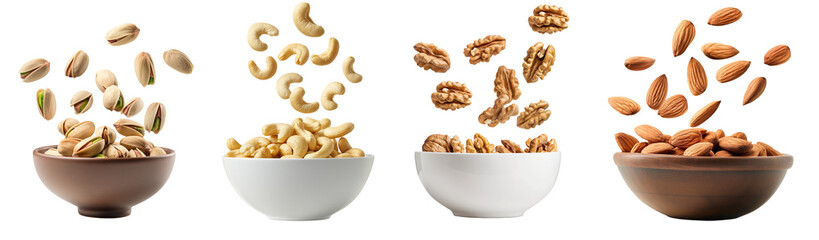 Cashew, pistachios, walnut and almond nuts falling in a bowl isolated on white and transparent background, cut out png
