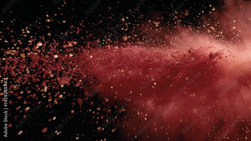 Poster dark pigment bursts into sharp particles mid-air, showcasing a captivating dispersion against dramat