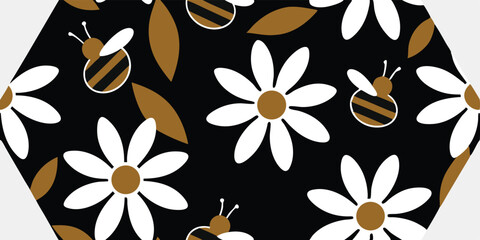 Daisy flowers bees and leaves seamless pattern on black background vector illustration