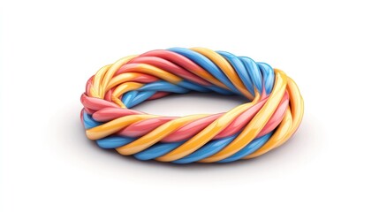 Vibrant twisted candy like abstract sculptural form in a ring or circle shape against a clean white background  The colorful looped and swirling design creates a mesmerizing