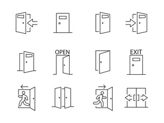 Collection of vector line icons related to open door. Contains monochrome icons such as door, exit, entrance. vector illustration
