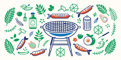 Fun and colorful summer barbecue doodle illustration with grill and sausage
