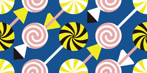 Seamless pattern with bright lollipops on blue background graphic sweet design