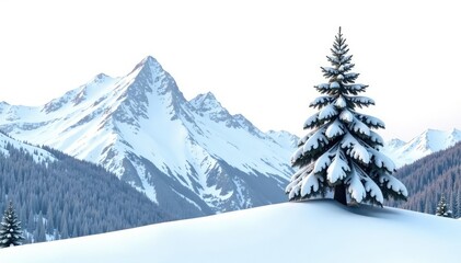 Obraz premium Snowy mountain landscape with a single pine tree isolated on white background, , solitude, pine tree