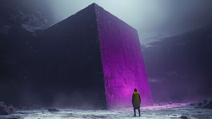 Person confronts a large purple cube structure