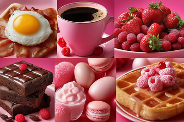 Collage features delicious breakfast items like fried eggs, coffee, and pastries. Bright pink background creates inviting atmosphere. Concept of cafes, bakeries, food blogs