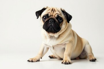 Solo pug, relaxed pose, against pure white backdrop, dog, pet photography, lying down