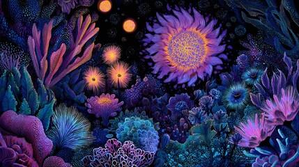 Obraz premium Colorful abstract underwater scene with coral and glowing orbs against a dark background.
