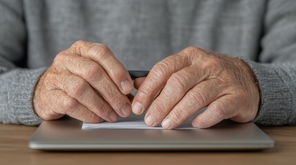 Elderly hands resting on a closed laptop
