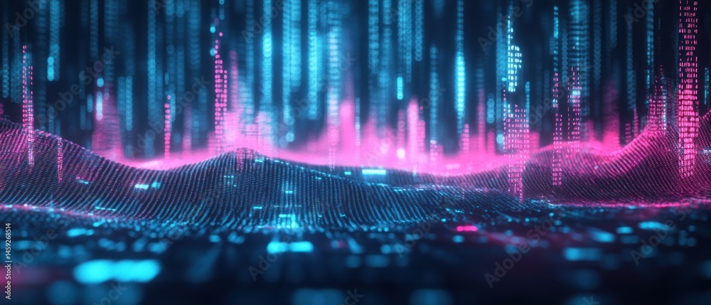Poster abstract digital landscape with glowing binary code