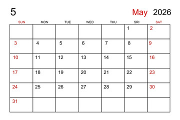 Blank white calendar page for May 2026 year for your appointment.