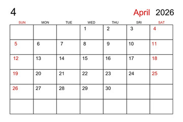 Blank white calendar page for April 2026 year for your appointment.