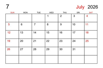 Blank white calendar page for July 2026 year for your appointment.