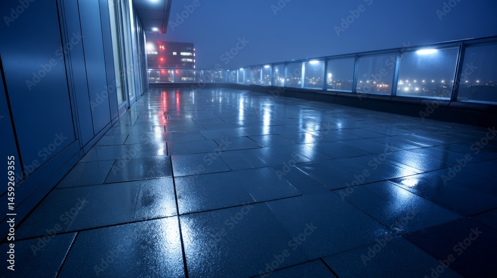 Poster a low-angle shot captures a balcony illuminated by city lights, with passing light trails and vibran