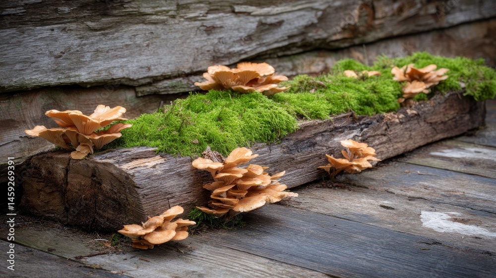 Poster a vibrant cluster of fungi adorns a moss-covered log on the forest floor, showcasing intricate detai