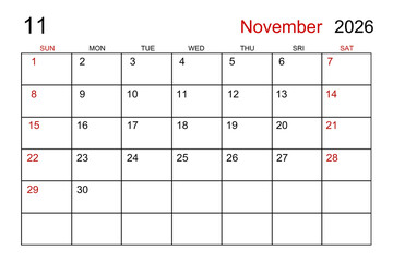 Blank white calendar page for November 2026 year for your appointment.