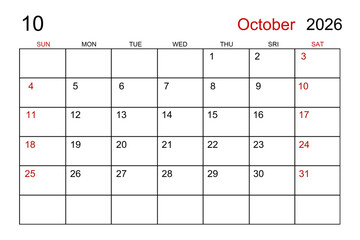 Blank white calendar page for October 2026 year for your appointment.