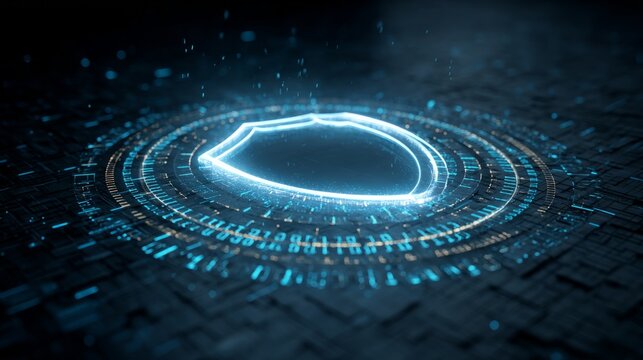 Abstract digital shield with glowing binary code, symbolizing futuristic cyber protection in cool blue and silver tones.
