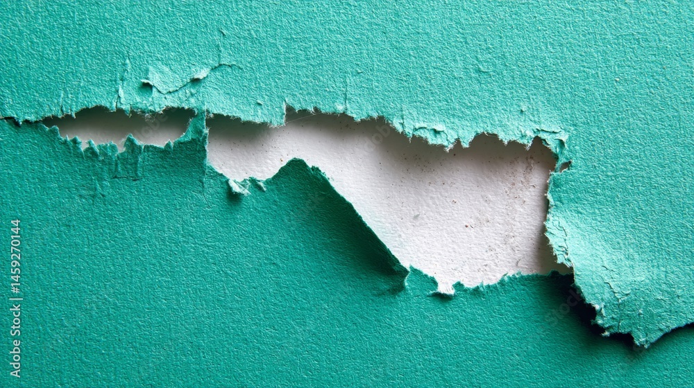 Poster Close-up view captures a jagged tear in bright teal paper, exposing a smooth white layer underneath, ideal for highlighting unique textures in design projects