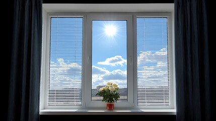 Obraz premium Sunny Day View Through Modern Window with Flowers.