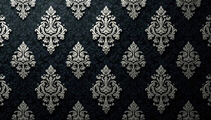 Symmetrical paisley damask, silver on black, refined baroque style , dark, subtle, silver