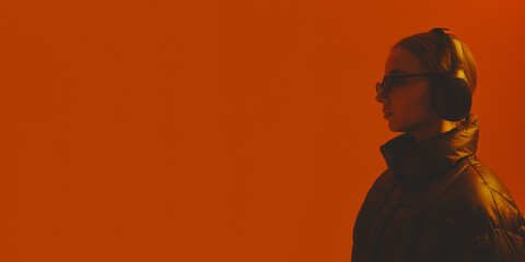Profile portrait of young confident woman in warm jacket and sunglasses, posing against red studio background in neon light. Concept of fashion, style, youth culture, trends. Copy space for ad © master1305