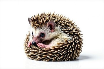 Obraz premium Tiny hedgehog, curled in a ball, isolated on pure white background, texture, background, photography