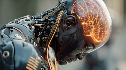 Fototapeta premium Advanced humanoid robot with glowing neural network and mechanical body in a futuristic sci-fi environment