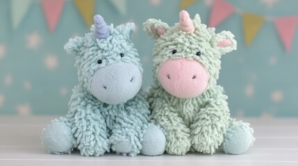 Fototapeta premium Two Adorable Plush Unicorn Toys Sitting Together Pastel Colors Children's Room Decor
