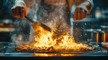 Cooking Food on Flat Top with Flames and Spatula