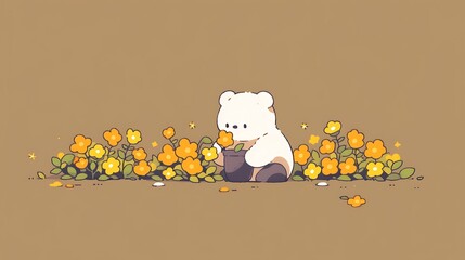 bear picking flowers, chibi doodle style