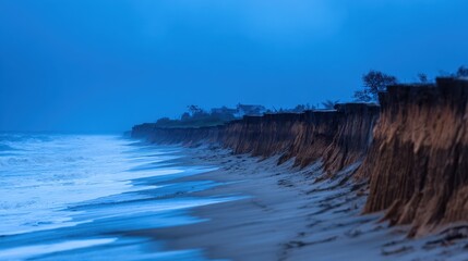 Dramatic Coastal Erosion at Dusk Ocean Waves Crashing Against Sandy Beach and Eroded Cliffs